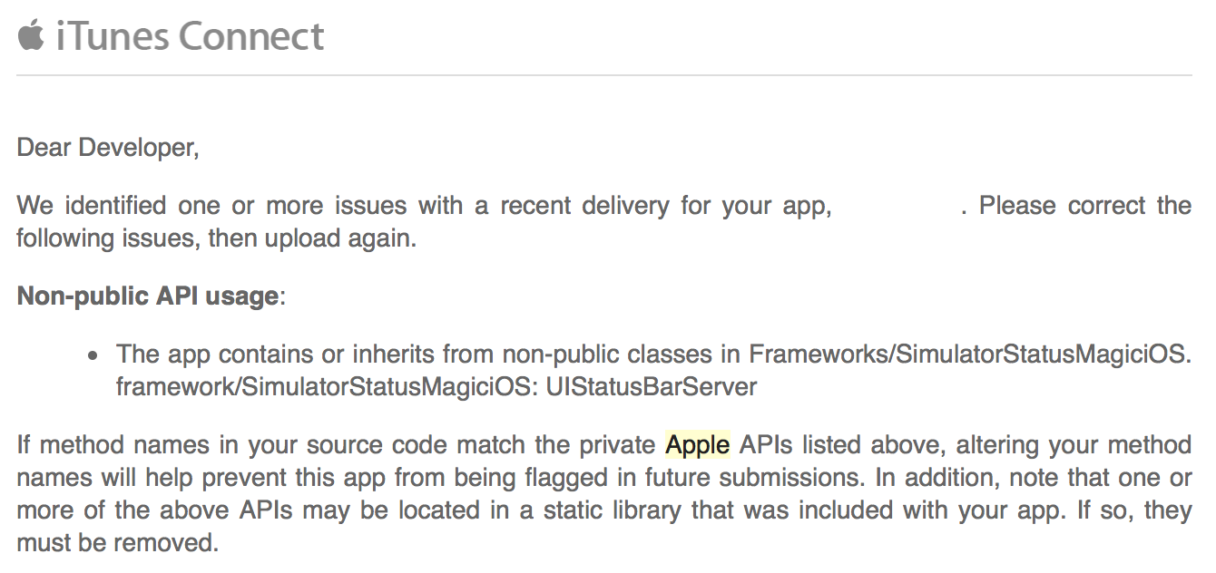 Apple's email about non-public APIs